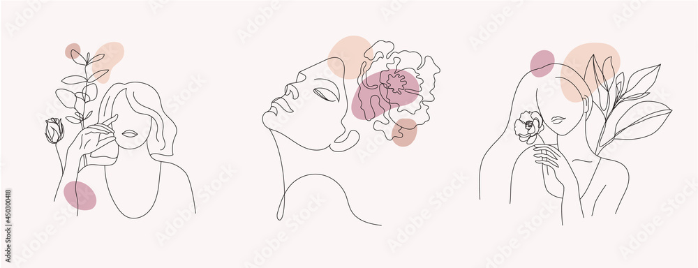 Φωτογραφία Vector set of women faces, line art illustrations, logos with flowers and leaves, feminine nature concept