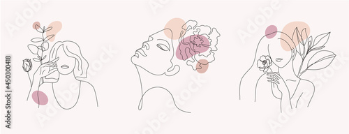 Vector set of women faces, line art illustrations, logos with flowers and leaves, feminine nature concept. Use for prints, tattoos, posters, textile, logotypes, cards etc. Beautiful women faces.