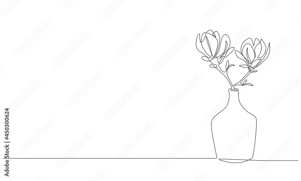 Continuous one line drawing of beautiful magnolia flowers in glass vase