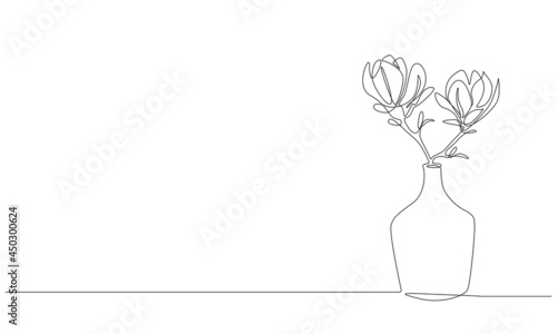 Continuous one line drawing of beautiful magnolia flowers in glass vase. Stylish bloom plant for interior design in linear style isolated on white background. Vector illustration