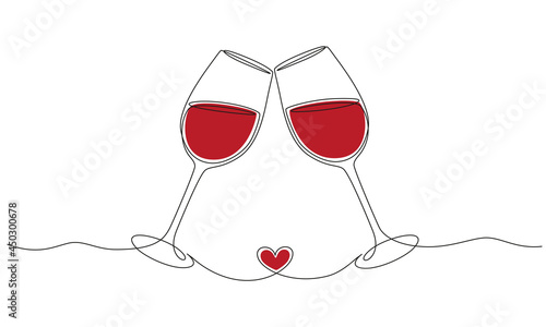 Continuous one line drawing of cheers two glasses with red wine. Romantic toast concept with heart shape in linear style isolated on white background. Vector illustration