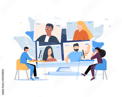 Online business conference, creative illustrations, businessmen, online joint meeting, team thinking and brainstorming.