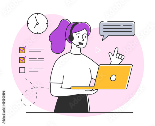 Young female character is working in customer support. Collection of scenes at office. Workers taking part in business negotiation, brainstorming, helping clients. Flat cartoon vector illustration