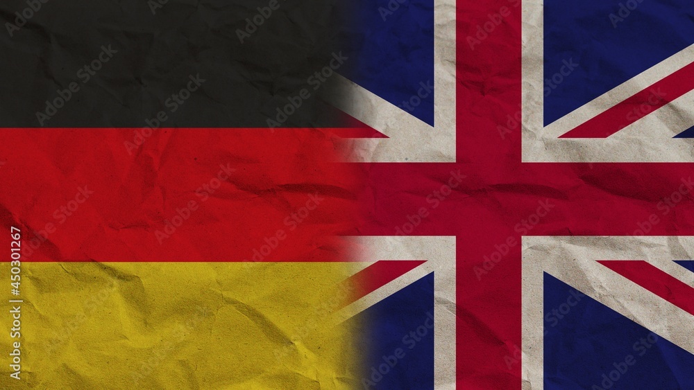 United Kingdom and Germany Flags Together, Crumpled Paper Effect Background 3D Illustration United Kingdom and Germany Flags Together, Crumpled Paper Effect Background 3D Illustration
