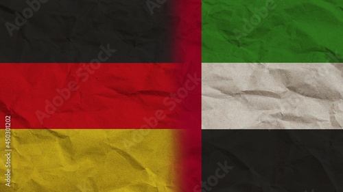 United Arap Emirates and Germany Flags Together, Crumpled Paper Effect Background 3D Illustration