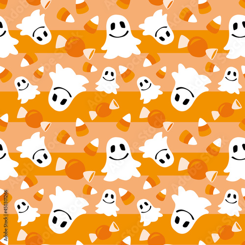 Halloween cute ghost seamless pattern for kids fabric, gift wrapping, party decoration. Colourful vector repeat design smiling specters flying upside down.
