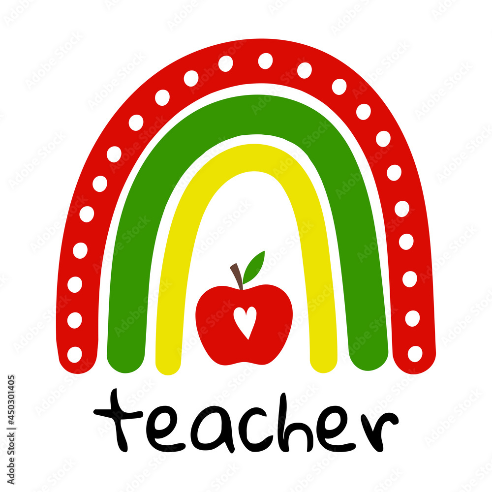 Teacher Rainbow School Rainbow With Red Apple Vector Illustration