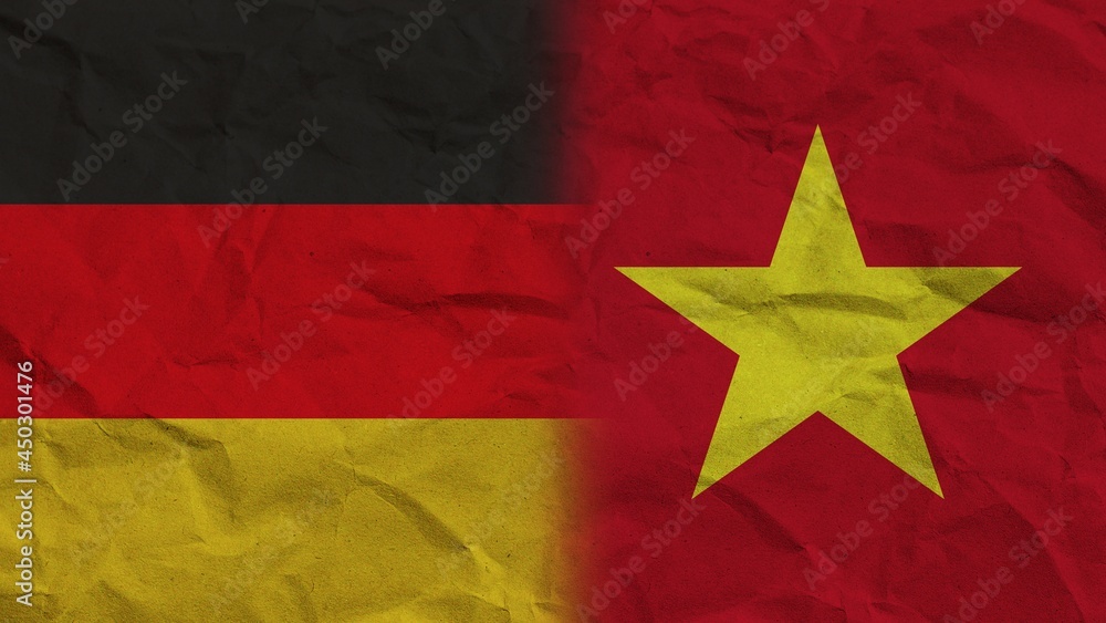 Vietnam and Germany Flags Together, Crumpled Paper Effect Background 3D Illustration