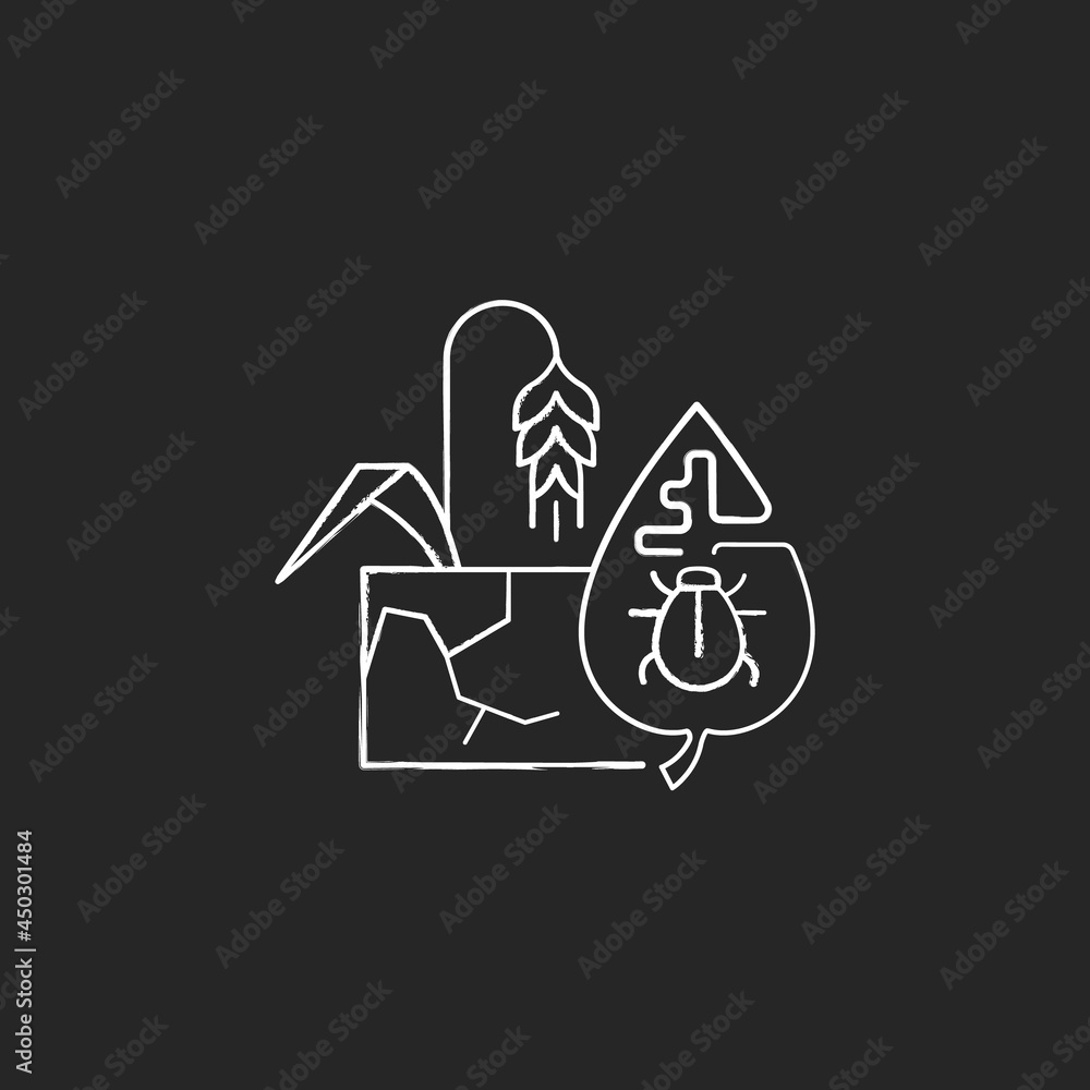 Production risks chalk white icon on dark background. Risk management in agriculture. Factors affecting goods quality and quantity. Machinery failure. Isolated vector chalkboard illustration on black Production risks chalk white icon on dark background. Risk management in agriculture. Factors affecting goods quality and quantity. Machinery failure. Isolated vector chalkboard illustration on black