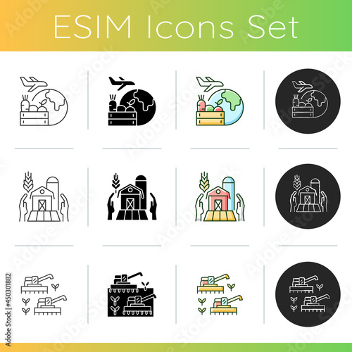Work on farm icons set. Farmers support. Food quality control. Sell products abroad. Rural labor. mechanized agriculture. Linear, black and RGB color styles. Isolated vector illustrations
