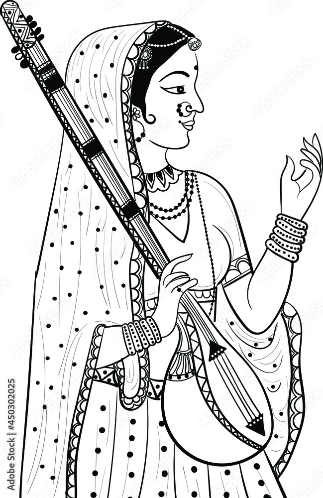 Indian wedding clip art of woman playing sitar with hands, black and white line drawing