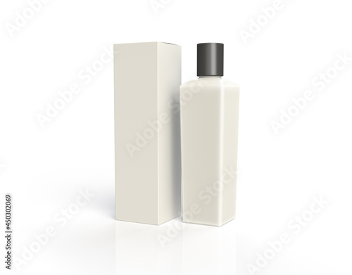 Square section bottle and carton packaging mock-up with shadow and reflection