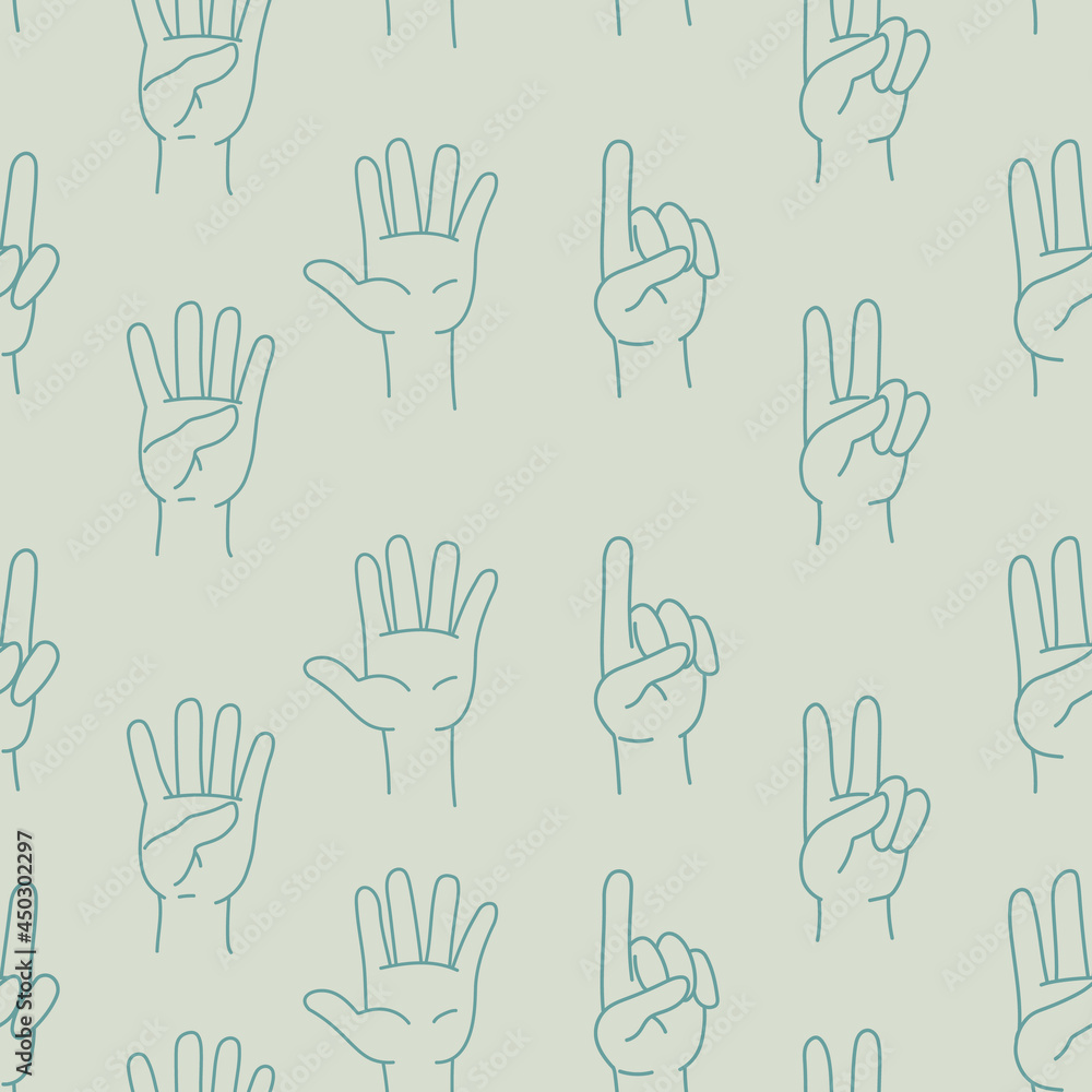 Fototapeta premium Line hand pattern with curled fingers. Finger counting seamless pattern. Vector blinking illustration on blue background