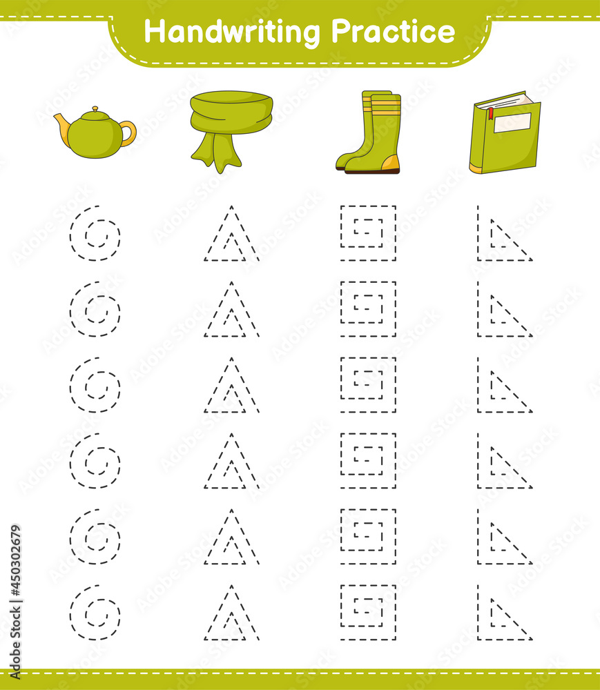 Handwriting practice. Tracing lines of Scarf, Book, Rubber Boots, and Teapot. Educational children game, printable worksheet, vector illustration