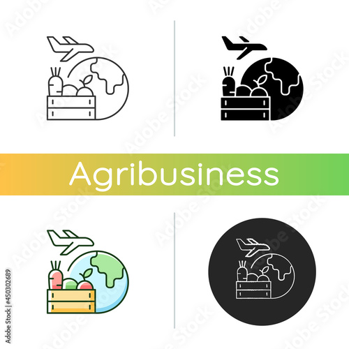 Agricultural products export icon. Agricultural goods delivering. Shipping commodities abroad. Global market sales. Linear black and RGB color styles. Isolated vector illustrations