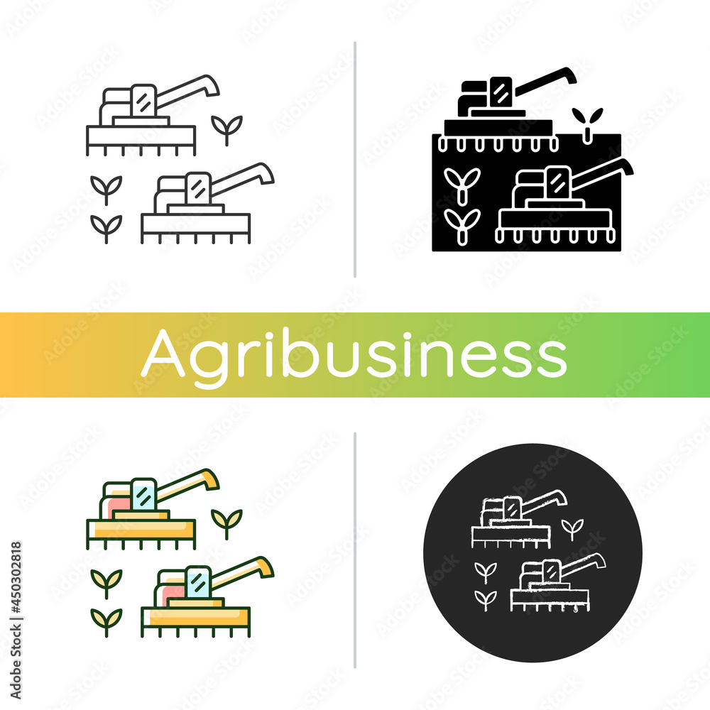 Mechanized agriculture icon. Using of equipment and implement. Agricultural technology used in farm business. Mechanisation of farming. Linear black and RGB color styles. Isolated vector illustrations
