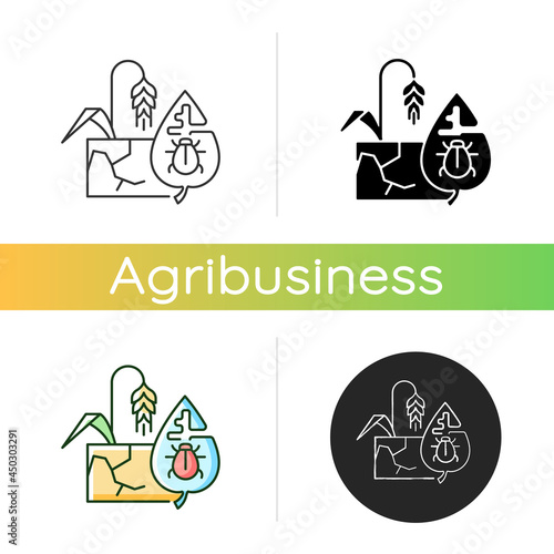 Production risks icon. Risk management in agriculture. Factors that affect quality and quantity of goods. Machinery failure. Linear black and RGB color styles. Isolated vector illustrations