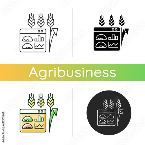 Crop and soil monitoring and management icon. Monitoring quality of soil. System analyses data. Farming management. Linear black and RGB color styles. Isolated vector illustrations