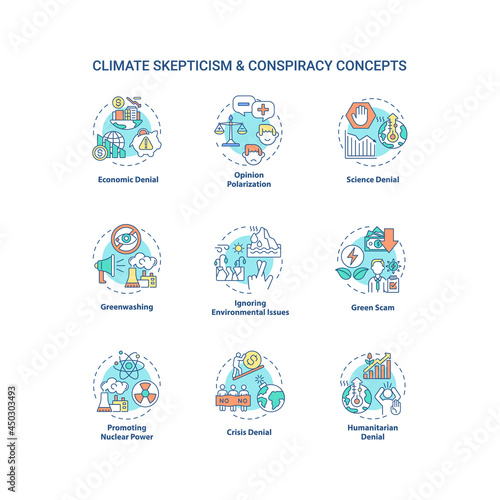 Climate skepticism and conspiracy concept icons set. Green scam and science denial. Ignoring environmental issues idea thin line color illustrations. Vector isolated outline drawings. Editable stroke