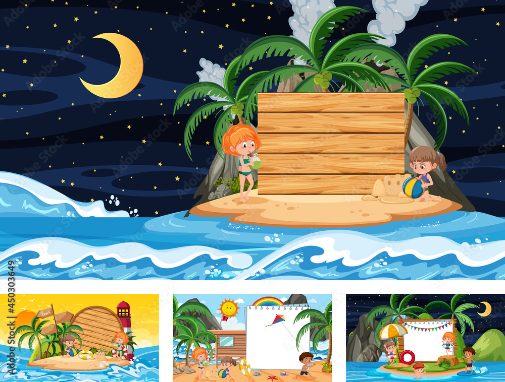 Obraz premium Set of blank banner in different tropical beach scenes