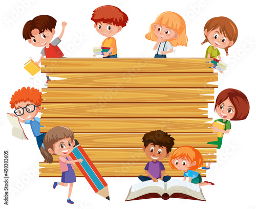 Empty wooden board with school kids cartoon