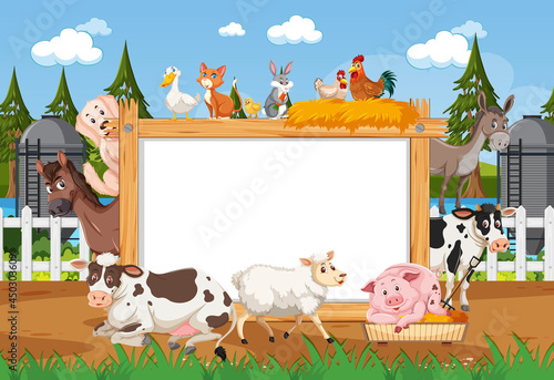 Empty wooden frame with various wild animals in the farm