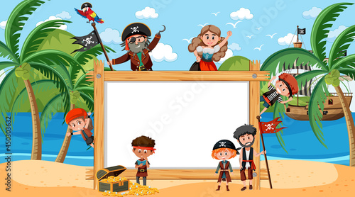 Empty wooden frame with many pirate kids cartoon character at the beach