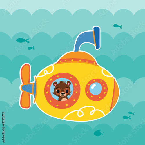 Yellow cartoon submarine on a blue sea background in which a brown bear looks out the window. Cute vector illustration. Sea transport with an animal inside. Print design, logo, sticker