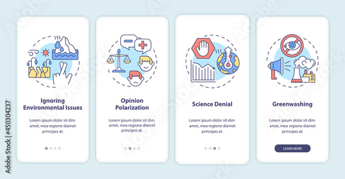 Effects of climate scepticism onboarding mobile app page screen. Science denial walkthrough 4 steps graphic instructions with concepts. UI, UX, GUI vector template with linear color illustrations