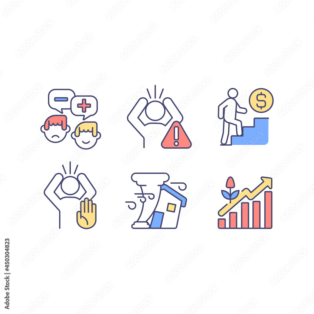 Climate skepticism and conspiracy RGB color icons set. Opinion polarization. Humanitarian denial. Ignoring environmental issues. Isolated vector illustrations. Simple filled line drawings collection Climate skepticism and conspiracy RGB color icons set. Opinion polarization. Humanitarian denial. Ignoring environmental issues. Isolated vector illustrations. Simple filled line drawings collection