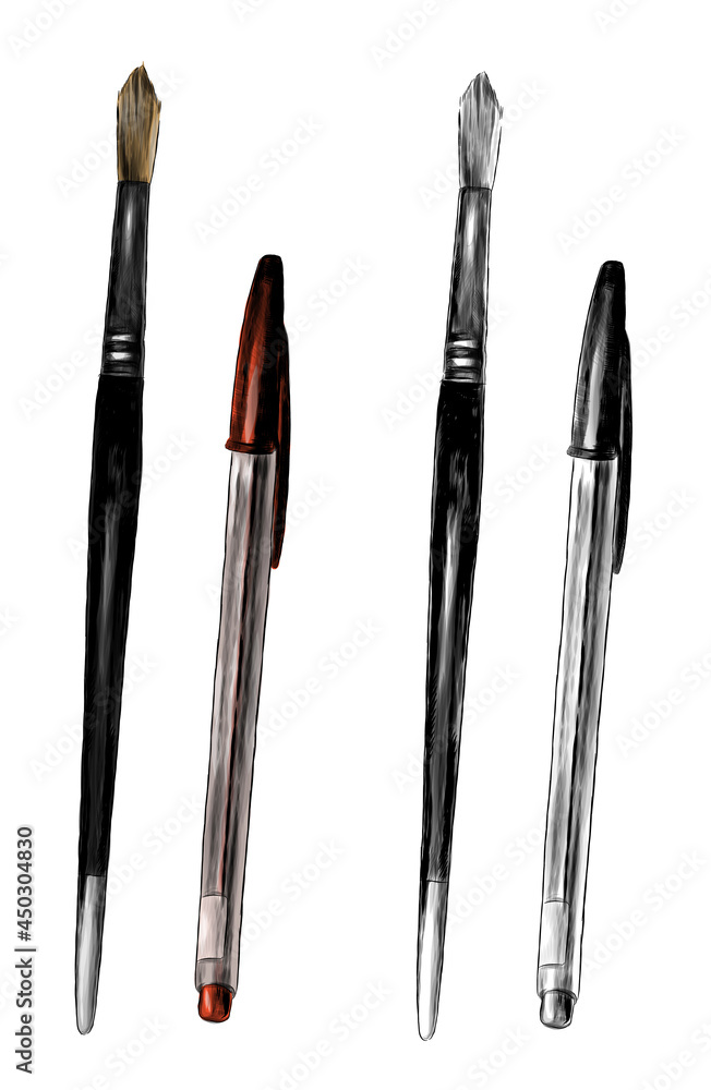 stationery set pen and art brush, sketch vector graphics monochrome and color illustration on a white background stationery set pen and art brush, sketch vector graphics monochrome and color illustration on a white background