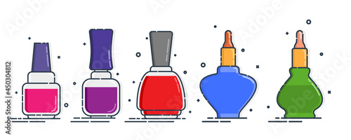 Set of cosmetic containers nail polish in row. Female fashion product. Five plastic or glass bottle. Fashion and style. Closeup isolated object. Illustration isolated white background