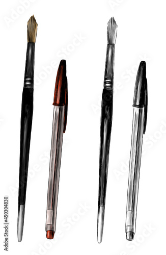 stationery set pen and art brush, sketch vector graphics monochrome and color illustration on a white background