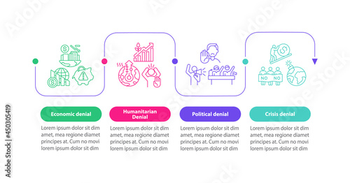 Humanitarian denial vector infographic template. Opposition presentation outline design elements. Data visualization with 4 steps. Process timeline info chart. Workflow layout with line icons