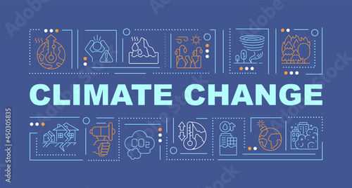Climate change and nature forces word concepts banner. Earthquake. Infographics with linear icons on indigo background. Isolated creative typography. Vector outline color illustration with text