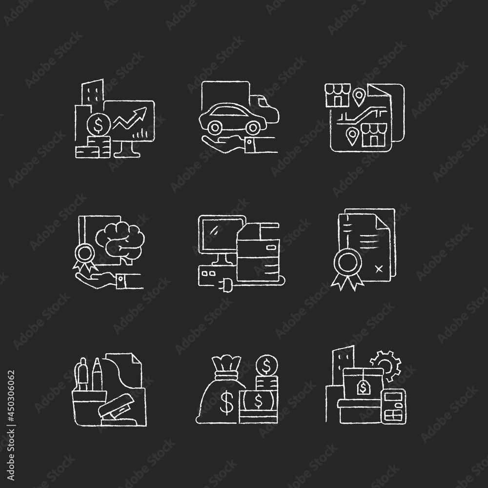 Office supplies and technical equipment chalk white icons set on dark background. Franchise. Corporate intellectual property. Company owned vehicles. Isolated vector chalkboard illustrations on black Office supplies and technical equipment chalk white icons set on dark background. Franchise. Corporate intellectual property. Company owned vehicles. Isolated vector chalkboard illustrations on black