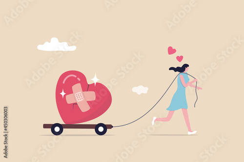 Move on or forget and forgive, open for new relationship, heal or cured from heart broken or divorce and relationship problem concept, happy woman walking with bandage repaired heart shape.
