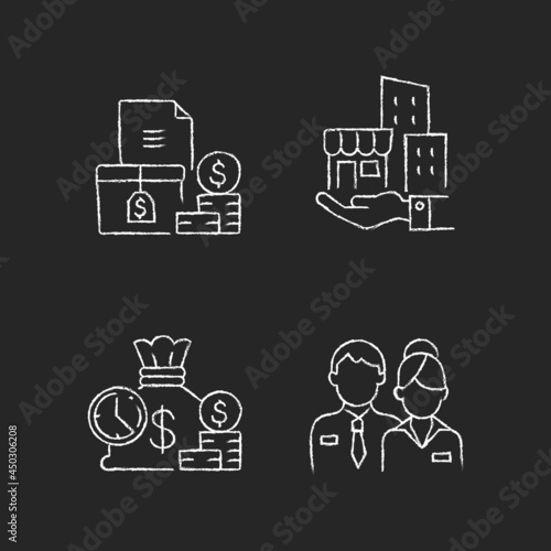 Building ownership chalk white icons set on dark background. Asset management. Account receivable. Short-term deposit. Business investment. Isolated vector chalkboard illustrations on black