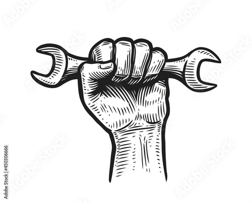 Hand holding wrench. Work concept. Sketch vector illustration