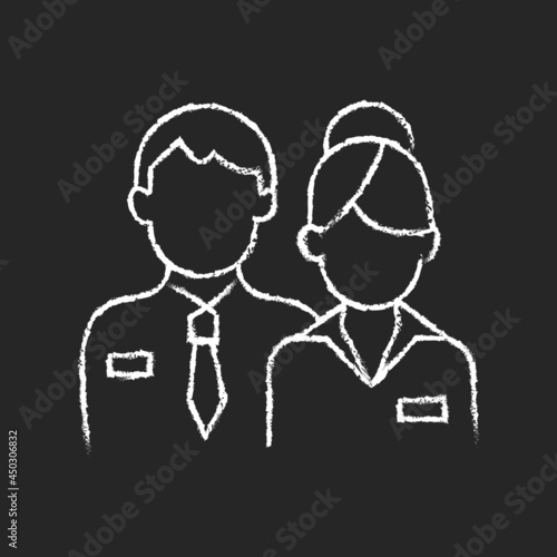 Company staff chalk white icon on dark background. Congressman couple. Man and woman in uniform. Official business representatives. Secret agents. Isolated vector chalkboard illustration on black