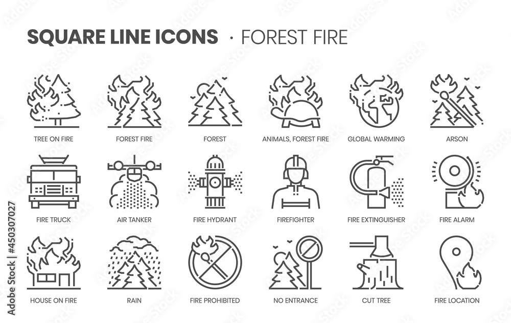 Forest fire related, square line vector icon set. Forest fire related, square line vector icon set.