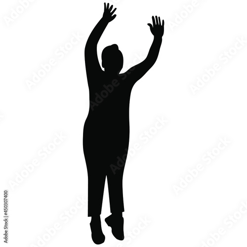 Silhouette of a girl, a girl with a large weight of black color in a jump with raised arms up. Flat style. Vector image isolated.