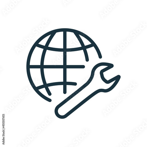 Globe and Wrench Line Icon. Network Settings Linear Pictogram. Internet Settings Outline Icon. Editable Stroke. Isolated Vector Illustration