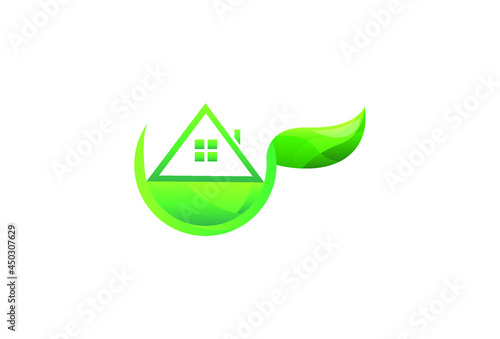 Green house with leaf vector logo design.