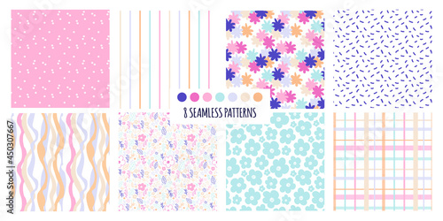 A collection of 8 stylish modern vibrant color patterns. Seamless texture with flowers, checkered, dotted, abstract and with straight and curved lines. Textures for fabrics, paper