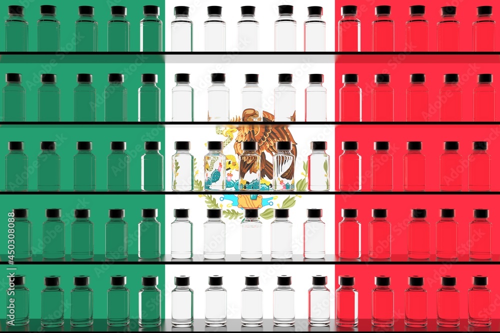 Flag of Mexico and multiple vaccine vials. Vaccination concept. 3D rendering