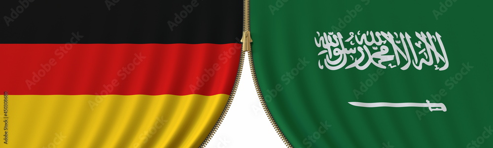 Obraz premium Germany and Saudi Arabia cooperation or conflict, flags and closing or opening zipper between them. Conceptual 3D rendering