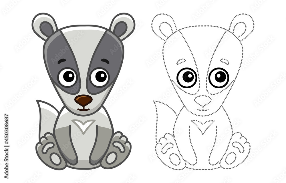 Forest animal for children coloring book. Funny badger in a cartoon style. Trace the dots and color the picture