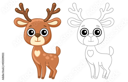 Forest animal for children coloring book. Funny deer in a cartoon style. Trace the dots and color the picture