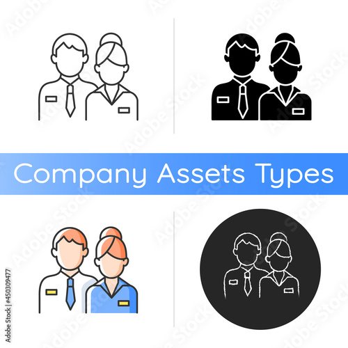 Company staff icon. Congressman couple. Man and woman in uniform. Official business representatives. Secret agents. Linear black and RGB color styles. Isolated vector illustrations